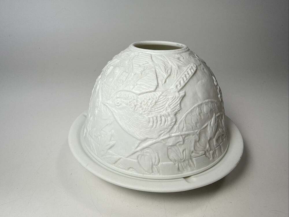 Beautiful Vtg Porcelain Lithopane Fairy Lamp Tea Light Bird On Bleeding Heart E1
